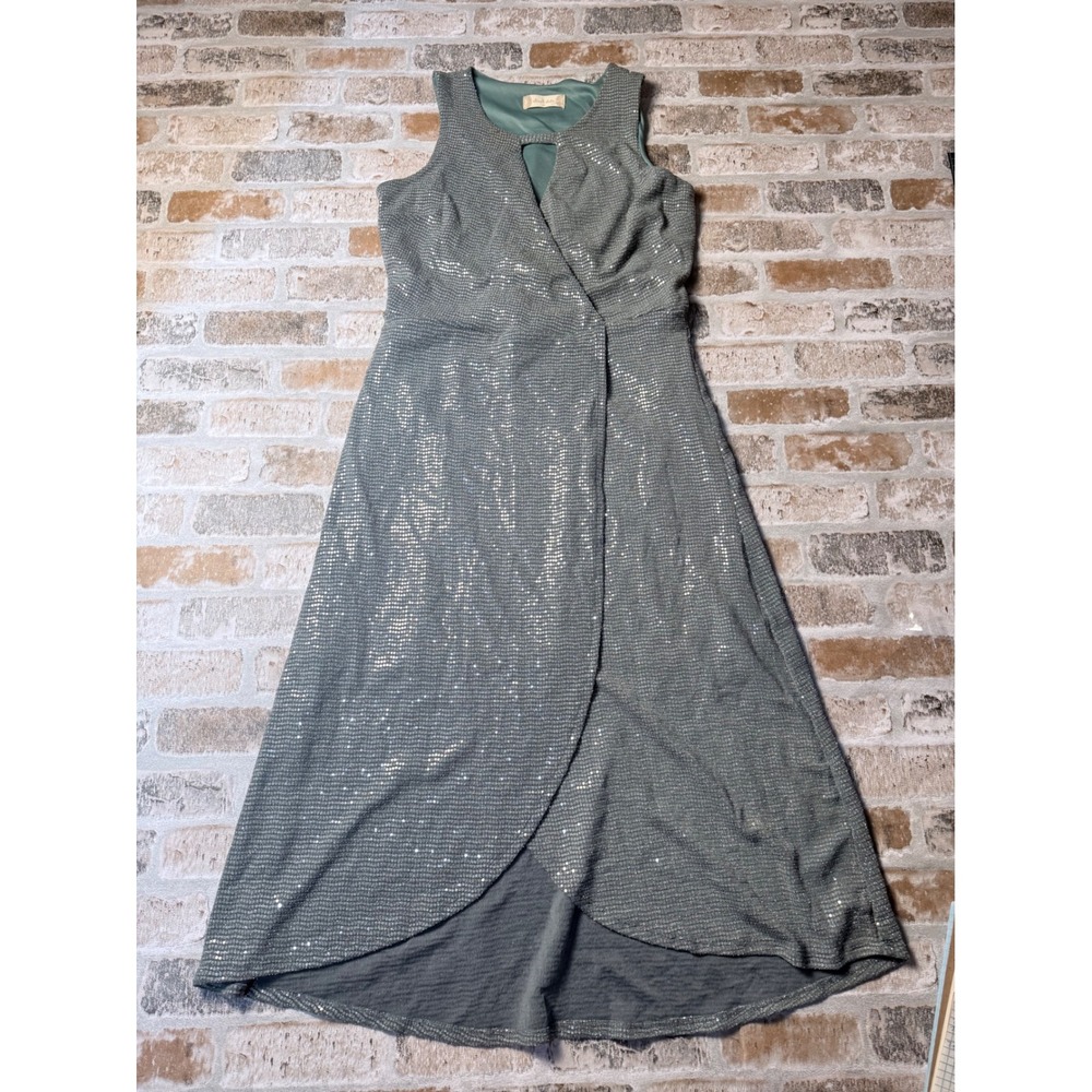 Altar'd State Bluebell Metallic Sage Green Wrap High Low Midi Dress Womens Med